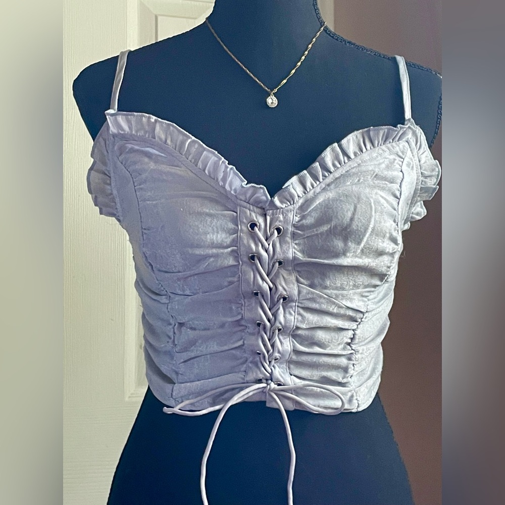 Ruched Lace-Up Crop Top in pale blue silver